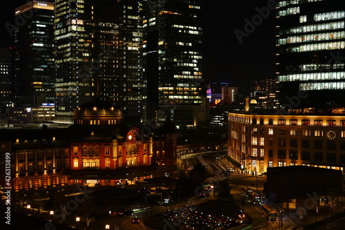 Tokyo Station and skyscraper at night in Tokyo, Japan - 東京駅 夜景 日本