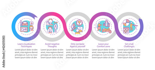 Self-improvement strategies vector infographic template. Success presentation design elements. Data visualization with 5 steps. Process timeline chart. Workflow layout with linear icons