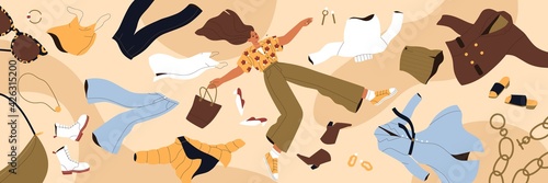 Woman shopaholic flying among clothes. Fast fashion, consumerism and overconsumption concept. Young lady with apparel, garment, purchases around. Colored flat vector illustration of wide banner photo