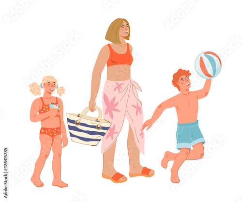 Happy family of mother and children in bathing suits go to the beach or to the pool. Family summer beach vacations and water activity, flat vector illustration isolated white background.