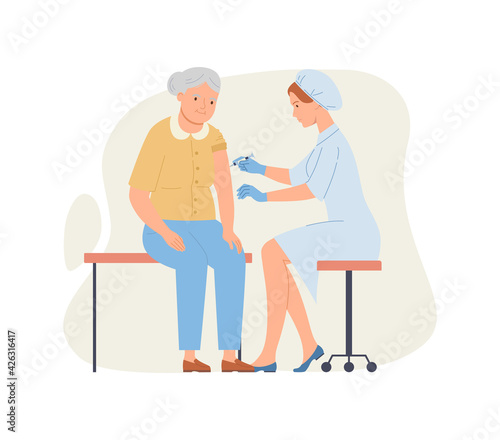 Time to vaccinate - doctor vaccinates an elderly woman. Good immunity, vaccination for COVID-19, or influenza. Vector illustration in a flat style.