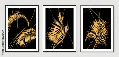 Luxury gold leaves wallpaper. Black and golden background. Wall art design with shiny golden palm leaves. Modern art mural wallpaper. Vector illustration.