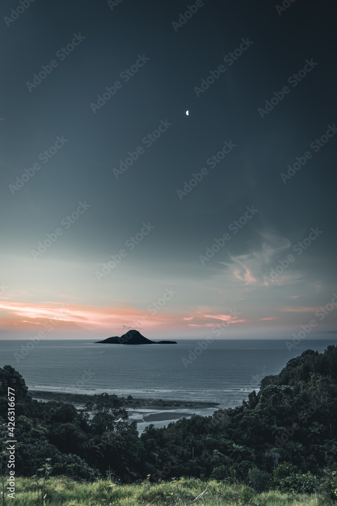Idyllic sunset view of the Moutohora (Turtle Island) in New Zealand