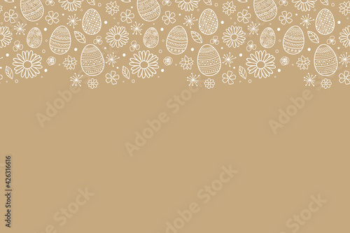 Simple Easter background with hand drawn eggs and flowers. Vector