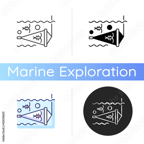 Zooplankton net icon. Equipment used for collecting samples of plankton in standing bodies of water. Linear black and RGB color styles. Isolated vector illustrations