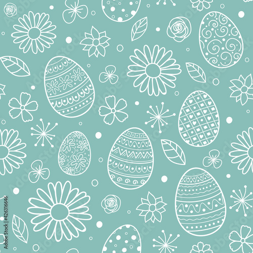 Hand drawn Easter eggs and flowers. Concept of a background. Vector