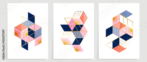 Abstract geometric art background vector. Modern block color art wallpaper. Marbling gold style texture. Cubism s low-poly backgrounds. Good for home deco, wall art, poster, invitation and cover.