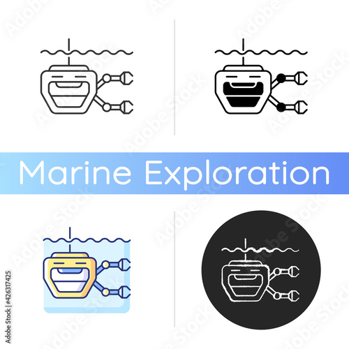 ROV icon. Remotely operated underwater vehicle is tethered underwater highly maneuverable mobile device. Linear black and RGB color styles. Isolated vector illustrations