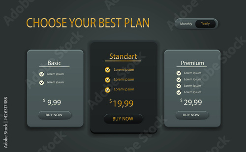 Package parameters. Pricing table design vector, web elements ui design IN LUXURY STYLE