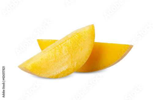 Sliced mango fruit isolated on white background.