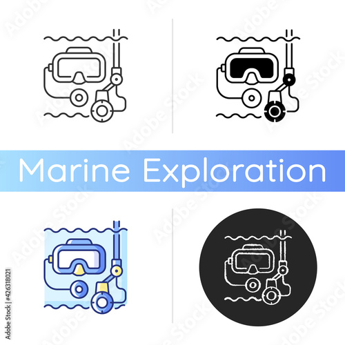 Underwater inspection icon. Easily inspect areas that are too small for divers to enter. Helps to avoid unnecessary down time. Linear black and RGB color styles. Isolated vector illustrations