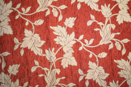 Medieval red textile texture. Decoration, indoors