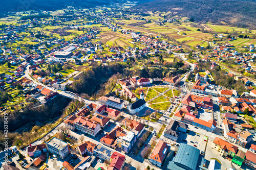 Town of Ogulin and Dobra river canyon aerial panoramic view