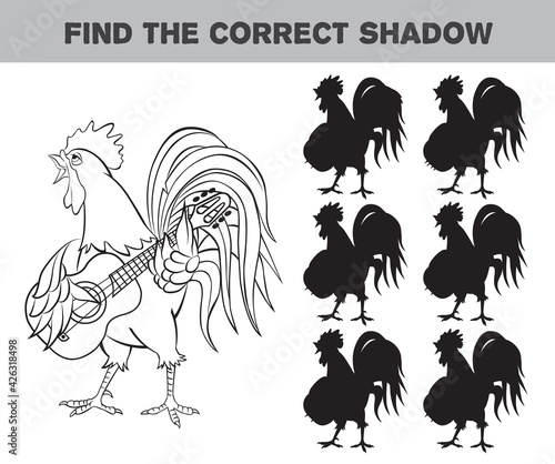 Rooster playing the guitar. Find the correct shadow. Black and white cartoon vector illustration. Educational game for children. 
