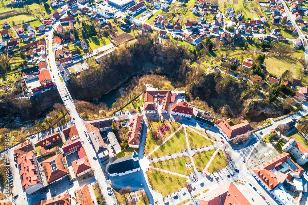 Town of Ogulin and Dobra river canyon aerial panoramic view