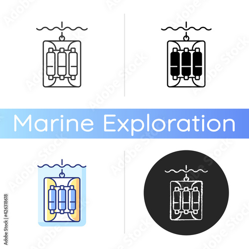Water sampler icon. Water sampling devices. Bucket dropped over side of boat. Large water bottles sent into ocean on wire. Linear black and RGB color styles. Isolated vector illustrations