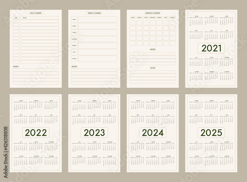 2022 2023 2024 2025 calendar daily weekly monthly personal planner diary template minimalist trendy style, pastel beige olive natural color palette. Week starts on sunday