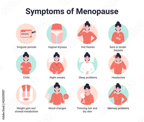 Set icons symptoms of menopause. Infographic. Flat vector illustration. photo