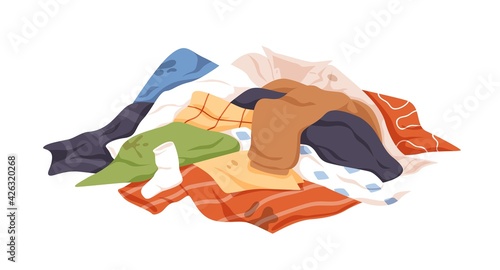 Mess of dirty laundry. Pile of untidy stained clothes. Heap of soiled spotted underwear, towels, t-shirts and other stinky apparel. Colored flat vector illustration isolated on white background
