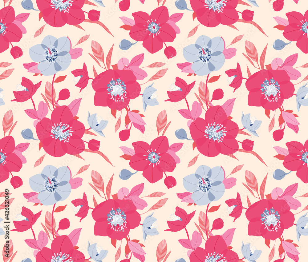 Seamless pattern with hellebore flowers, vintage vector illustration.