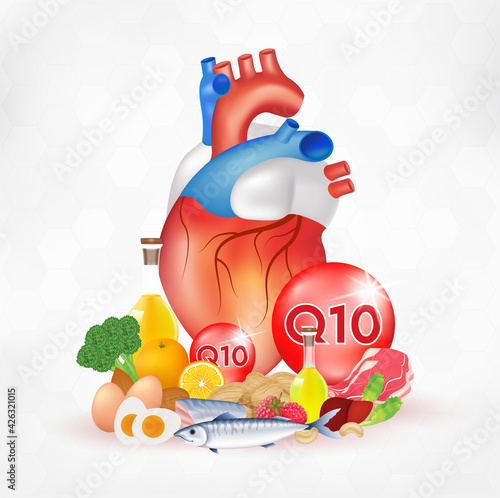 Coenzyme q10 and heart. Substance for maintaining cardiac activity.  Normalization of cardiac activity. Vector EPS10