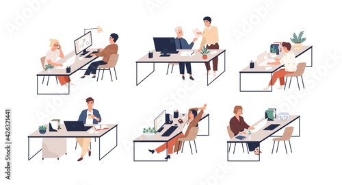 Set of people working with laptops and computers at modern office desks. Male and female employees at workplaces. Colored flat vector illustration of busy men and women isolated on white background