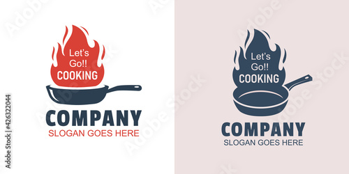 Vintage retro hot cook logos of rustic old skillet cast iron with fire for traditional food restaurant kitchen logo design