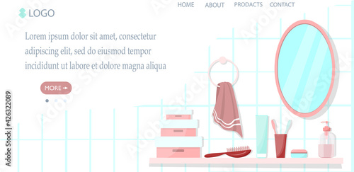 Template for a website, online store, or website about interior design and bathroom accessories. The mirror shelf and bathroom accessories are hidden in the apartment. The concept of interior design.