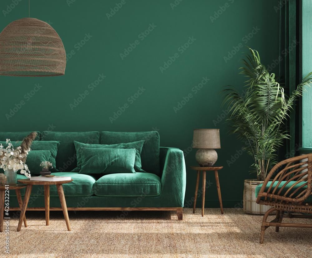 Fototapeta premium Home interior background with green sofa, table and decor in living room, 3d render