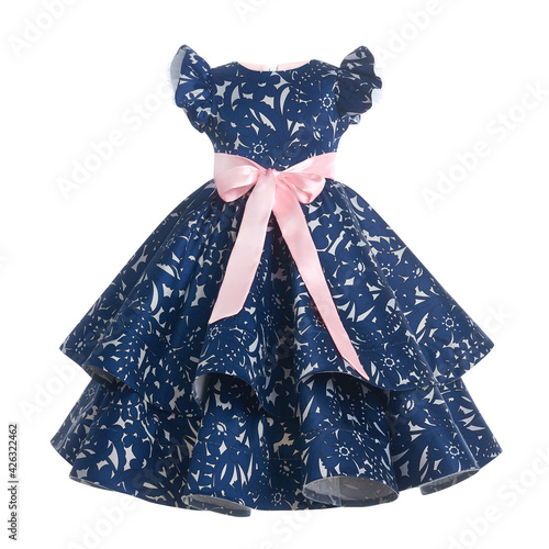Elegant dress for a girl in blue with a pink belt on a white background. Clothing for children