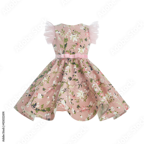 Summer dress for girls with a full skirt on a white background. Children's clothing