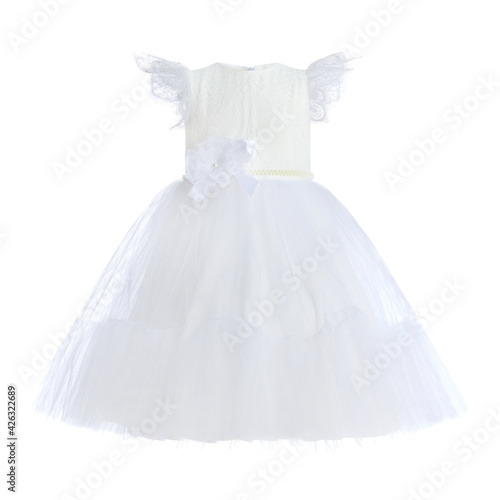 White dress for a girl with a full skirt on a white background in the style of a Bridesmaid. Children's clothing