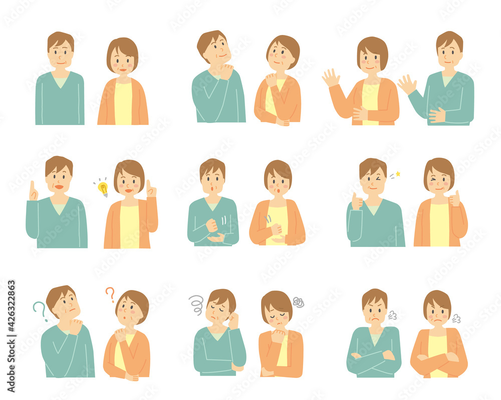 シニア　ミドル　中年　夫婦　顔　表情　感情　喜怒哀楽