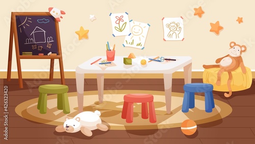 Kindergarten interior design with table, chairs and chalkboard. Kids room with stationery, toys and drawings. Classroom of nursery school. Colored flat vector illustration of playroom with furniture