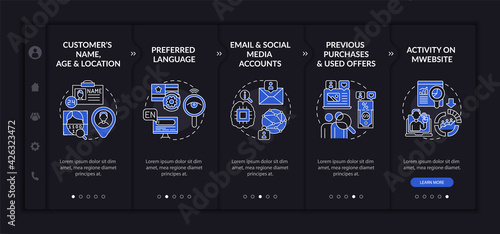 Smart content analytics criteria onboarding vector template. Responsive mobile website with icons. Web page walkthrough 5 step screens. Digital marketing dark mode concept with linear illustrations