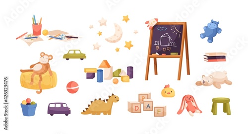Set of kid plush and plastic toys, chalkboard, pencils, drawings, books, wooden building cubes and blocks for children's entertainment. Colored flat vector illustration isolated on white background