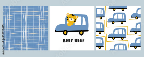 Tiger driving a car. A set of cute baby prints for boys. Seamless pattern cage stripes and cars