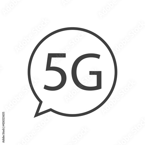Logotipo de red inalámbrica o wifi de alta velocidad. Chat con texto 5G en burbuja de habla con lineas de color gris