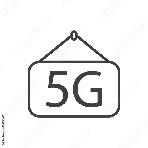 Logotipo de red inalámbrica o wifi de alta velocidad. Texto 5G en cartel para colgar en puerta con lineas de color gris