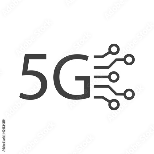 Logotipo de red inalámbrica o wifi de alta velocidad. Texto 5G con cable de fibra óptica con lineas de color gris