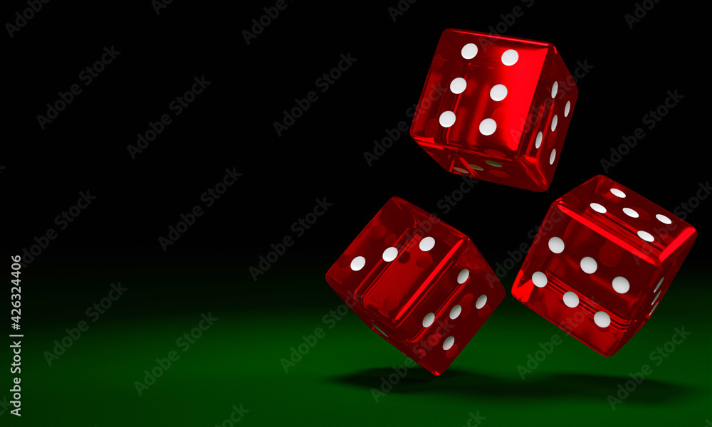 Transparent red dice are falling on the green felt table. The concept of dice gambling in casinos. 3D Rendering Transparent red dice are falling on the green felt table. The concept of dice gambling in casinos. 3D Rendering