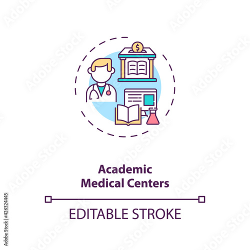 Academic medical centers concept icon. Sponsorship idea thin line illustration. Medical school. Providing clinical research and care. Vector isolated outline RGB color drawing. Editable stroke