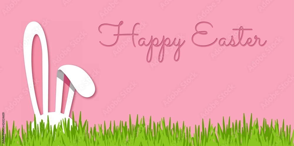 Easter banner with bunny ears and green grass. Cute pink background with rabbit. Paper cut style Easter banner with bunny ears and green grass. Cute pink background with rabbit. Paper cut style