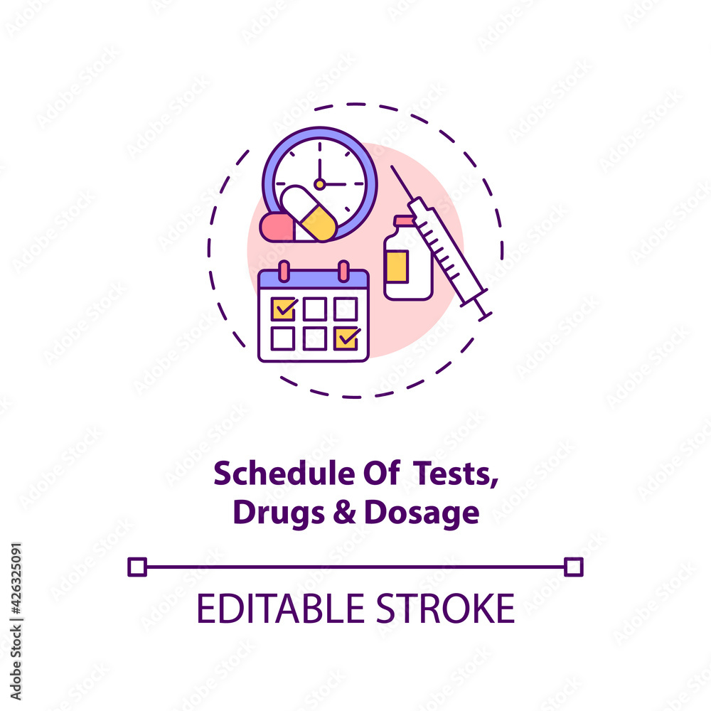 Tests, drugs and dosage schedule concept icon. Clinical trial protocol idea thin line illustration. Efficacy and side effects assessment. Vector isolated outline RGB color drawing. Editable stroke