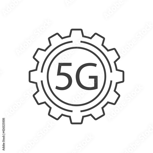 Logotipo de red inalámbrica o wifi de alta velocidad. Engranaje con texto 5G con olas con lineas de color gris