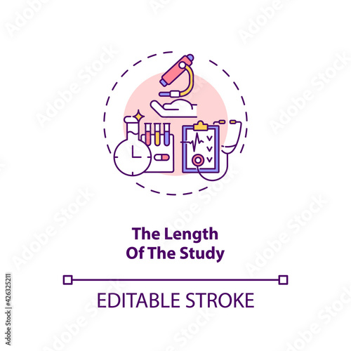Study length concept icon. Clinical trial protocol idea thin line illustration. Research duration planning. Potential drugs measurement. Vector isolated outline RGB color drawing. Editable stroke