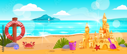 Beach landscape, vector summer ocean horizontal view, surf, crab, sand castle, lifebuoy, rocks, clouds. Tropical paradise vacation background, sea, water, sun flares, towers. Idyllic beach landscape