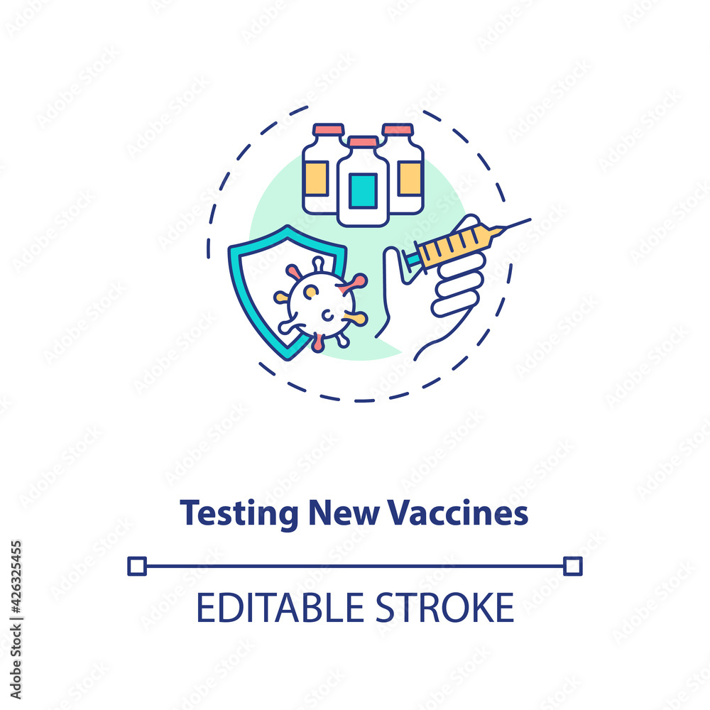 Testing new vaccines concept icon. Clinical trials type idea thin line illustration. Vaccine development. Looking for potential side effects. Vector isolated outline RGB color drawing. Editable stroke