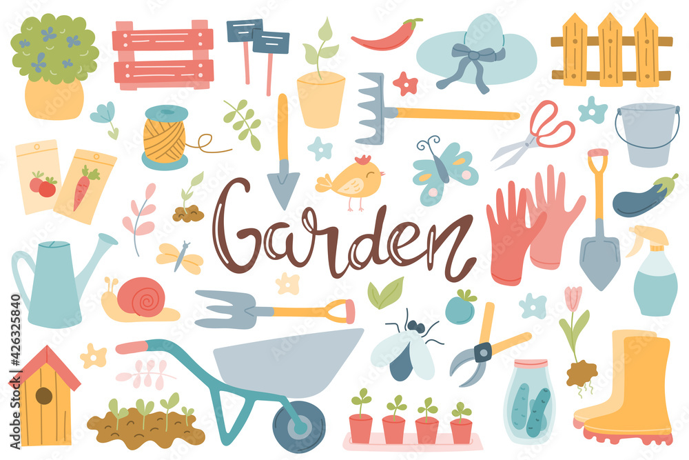 A big set on the theme of gardening, tools, garden items, hand lettering. Spring, growing vegetables. Vector illustration in a flat style on a white background A big set on the theme of gardening, tools, garden items, hand lettering. Spring, growing vegetables. Vector illustration in a flat style on a white background