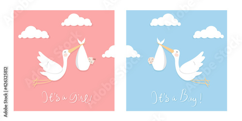Flat illustration of The Storks carrying baby. Good to use for baby shower card or nursery wall art.